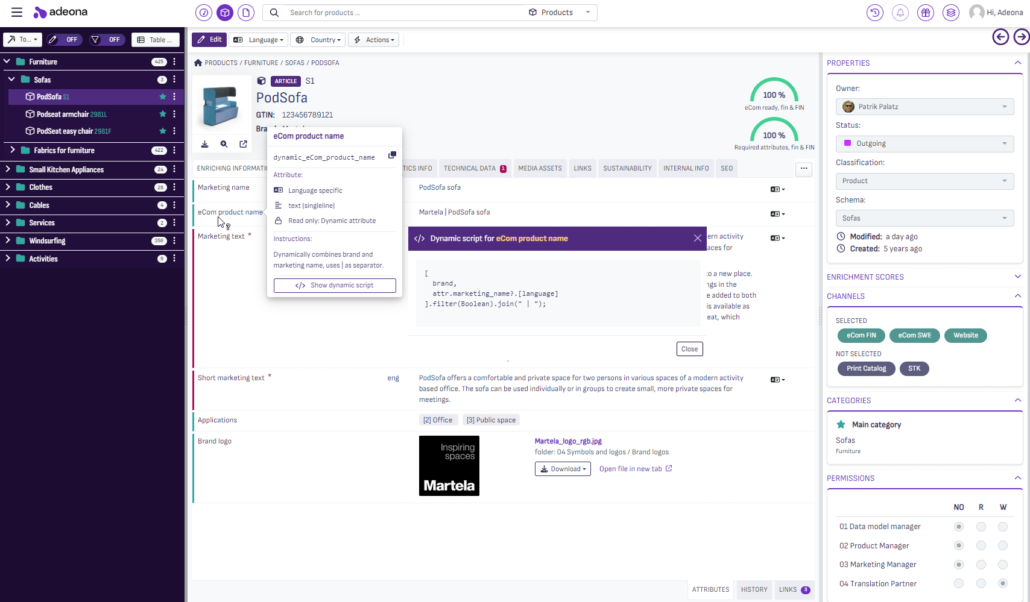 Adeona PIM dynaamiset attribuutit