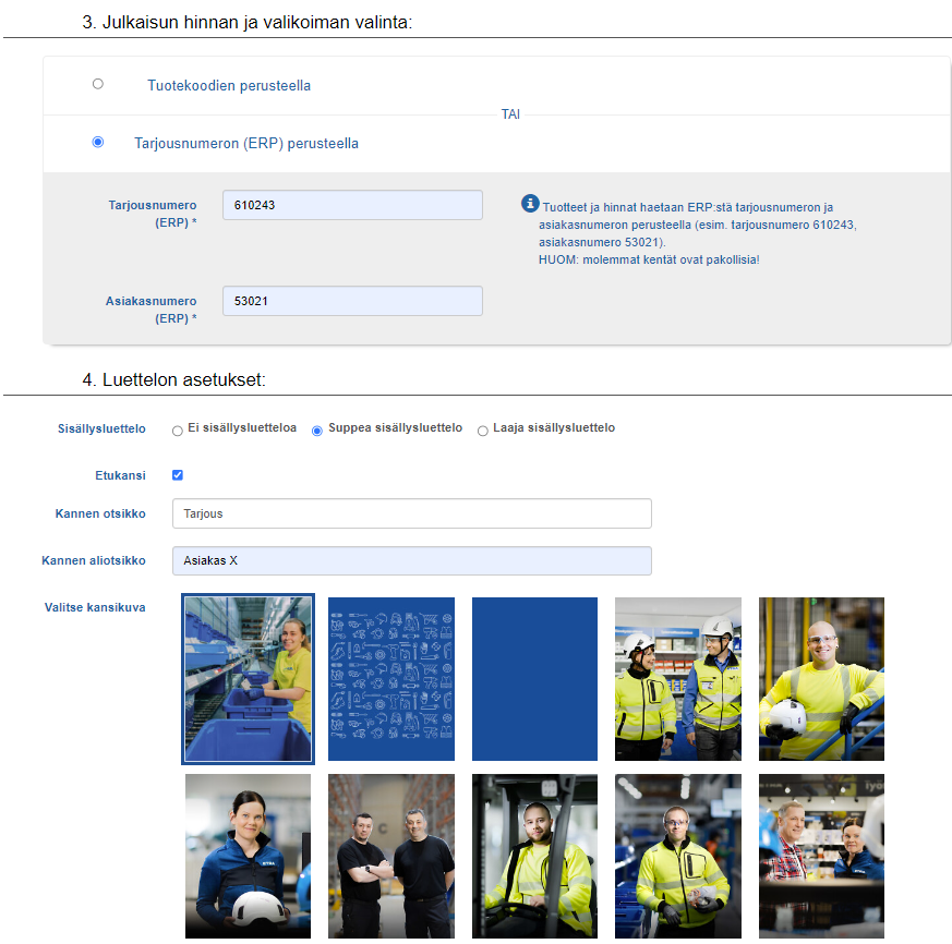 Sales Tool julkaisun asetukset
