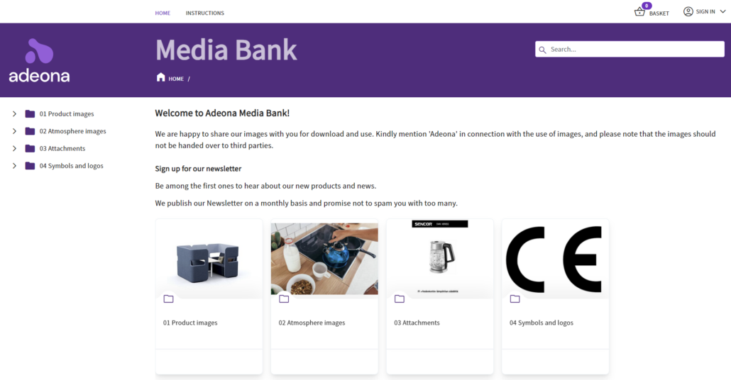 Adeona Media Bank aloitusnäkymä